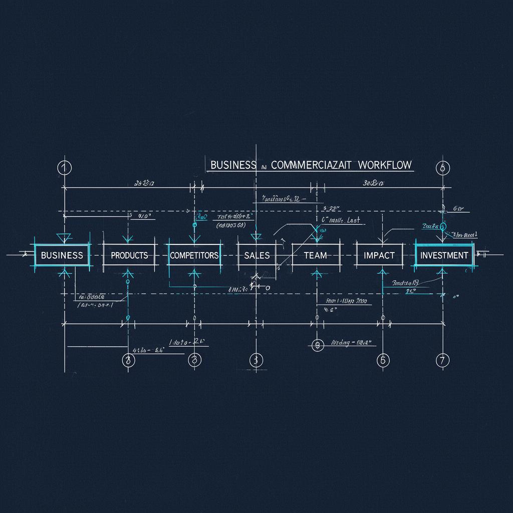 Lugnås commercialization workflow blueprint: Business, Products, Competitors, Sales, Team, Impact, Investment